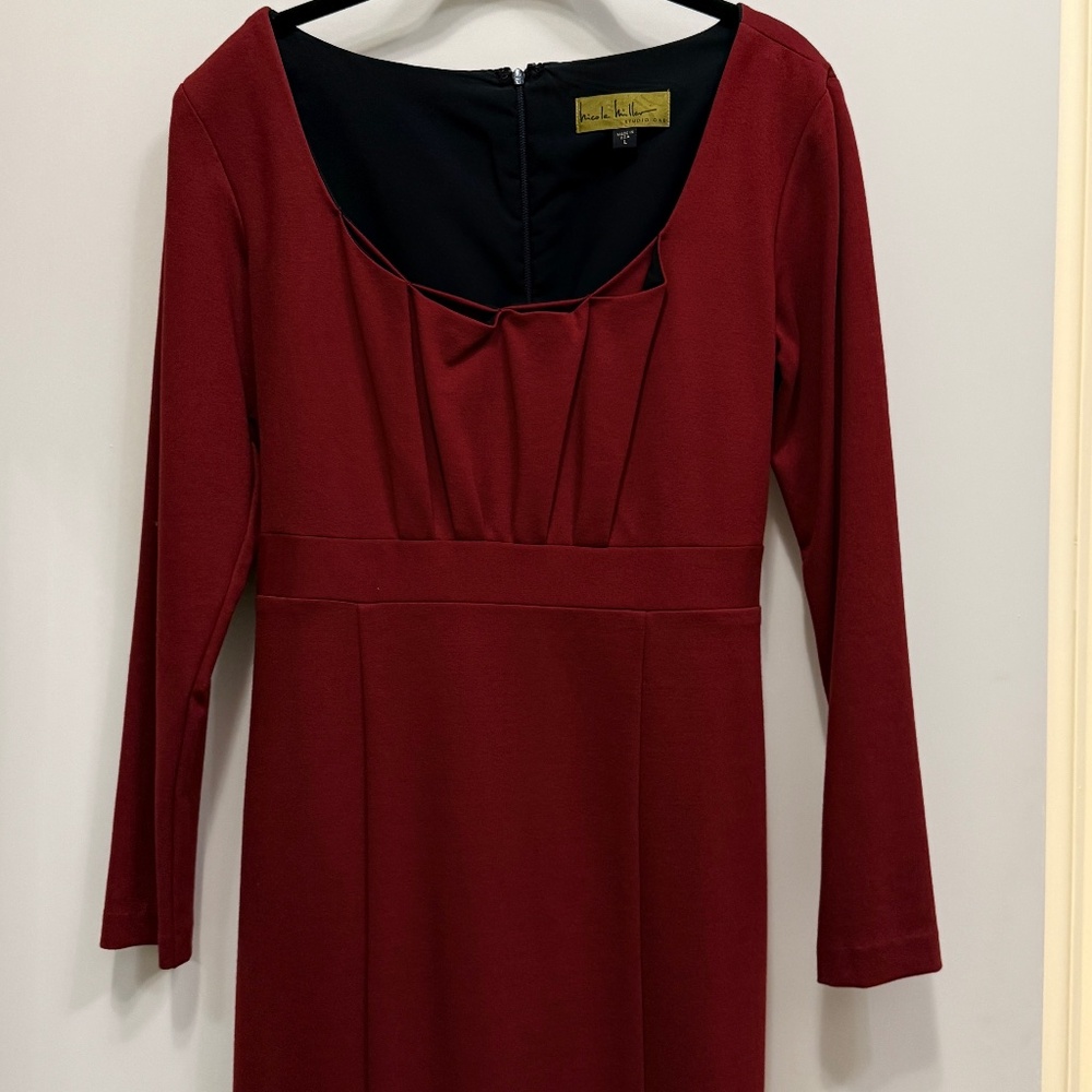 Nicole Miller Elegant Ruched Neckline  Long Sleeve Red Dress
